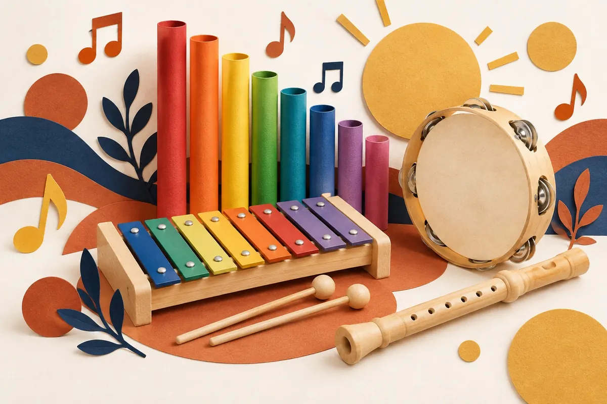 Kolorowe instrumenty w ilustracji z papieru: rurki, dzwonki, tamburyn i flet