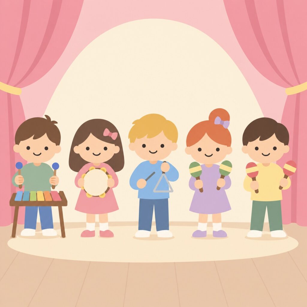 Pastelowa ilustracja pięciorga dzieci z instrumentami Orffa na scenie