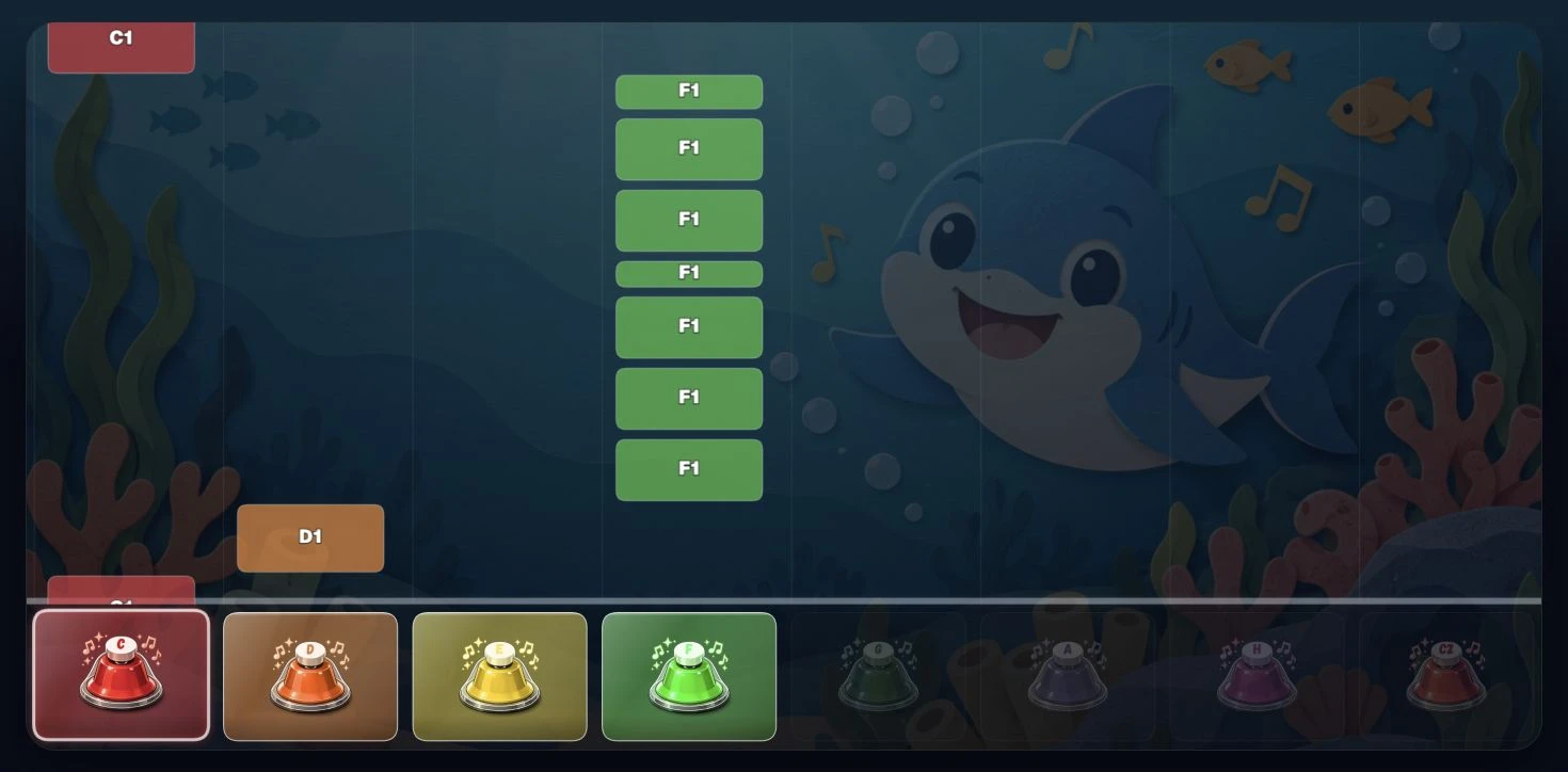 Ekran EduDzwonków z kolorowymi nutami i dzwonkami podczas utworu Baby Shark