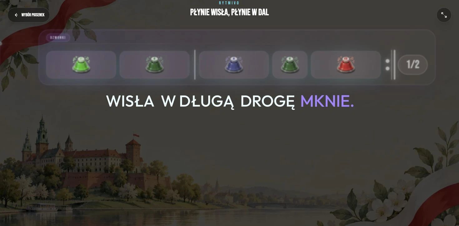 Ekran karaoke z tekstem piosenki Płynie Wisła i ilustracją Krakowa